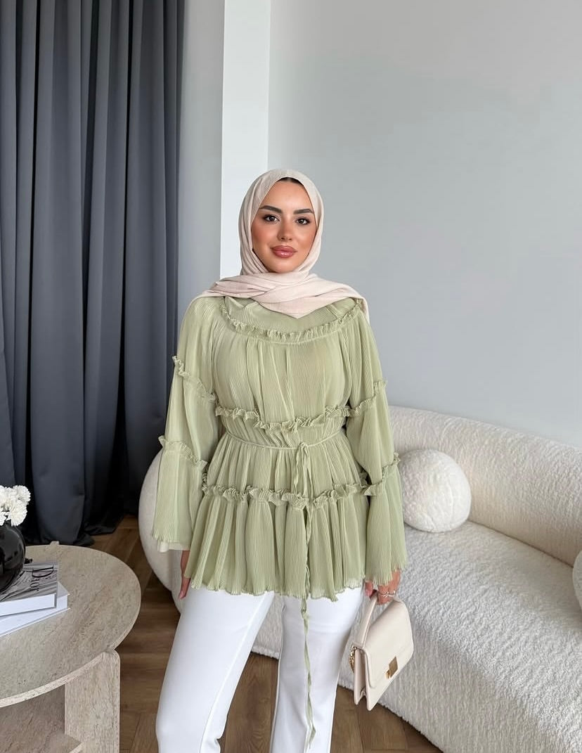 Chemisier Blouse Plissé à Volants en Mousseline
